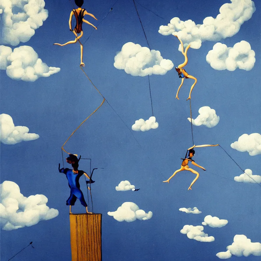 Prompt: surrealist artwork about following a tightrope artist who walks among clouds and falls down a city of illusions '. blue indigo colour scheme