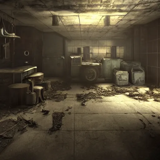 Image similar to fallout concept art vault interior render grim realistic lighting unreal engine 5