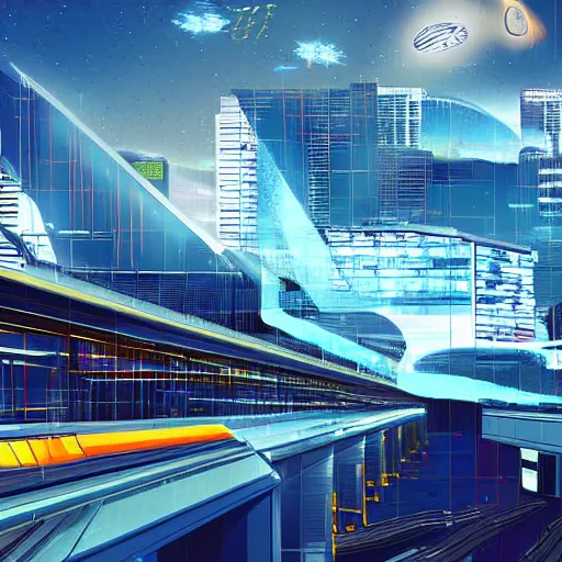 Prompt: digital art piece of a futuristic singapore, spaceships, high speed trains, blue glow