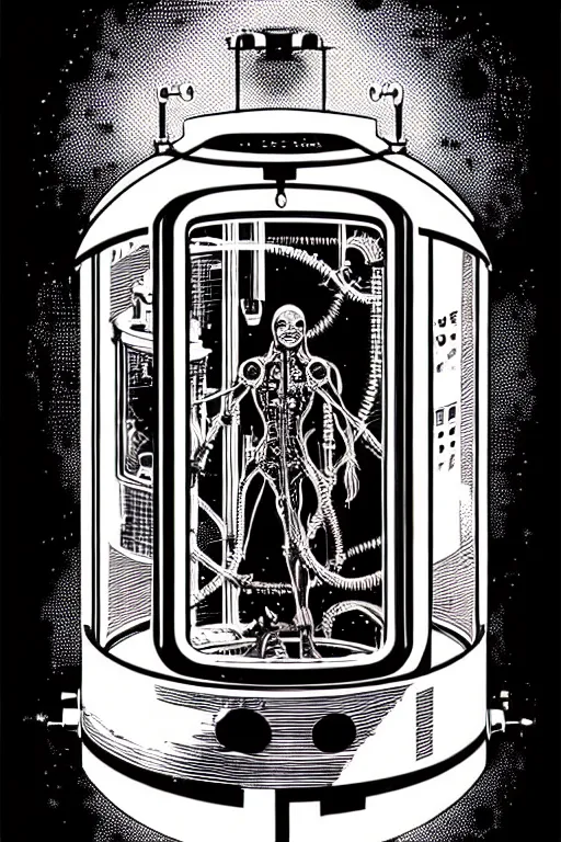 Prompt: steampunk cryo chamber containing a humanoid, high details, intricately detailed, by vincent di fate, inking, 3 color screen print, masterpiece, trending on artstation,, sharp, details, hyper - detailed, hd, 4 k, 8 k