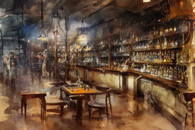 Prompt: paint brush strokes, abstract watercolor painting of medieval pharmacy, western saloon, transparent glass bottles, reflective copper, dust, art by hans dahl, by jesper ejsing, art by anders zorn, wonderful masterpiece by greg rutkowski, cinematic light, american romanticism by greg manchess, creation by tyler edlin