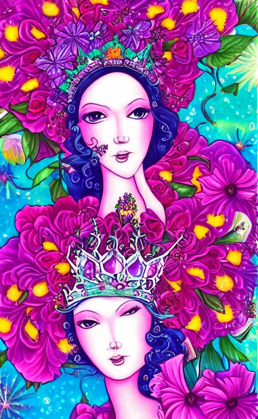 Image similar to tranquil oblivion, floral queen, artwork by artgem, art by lisa frank