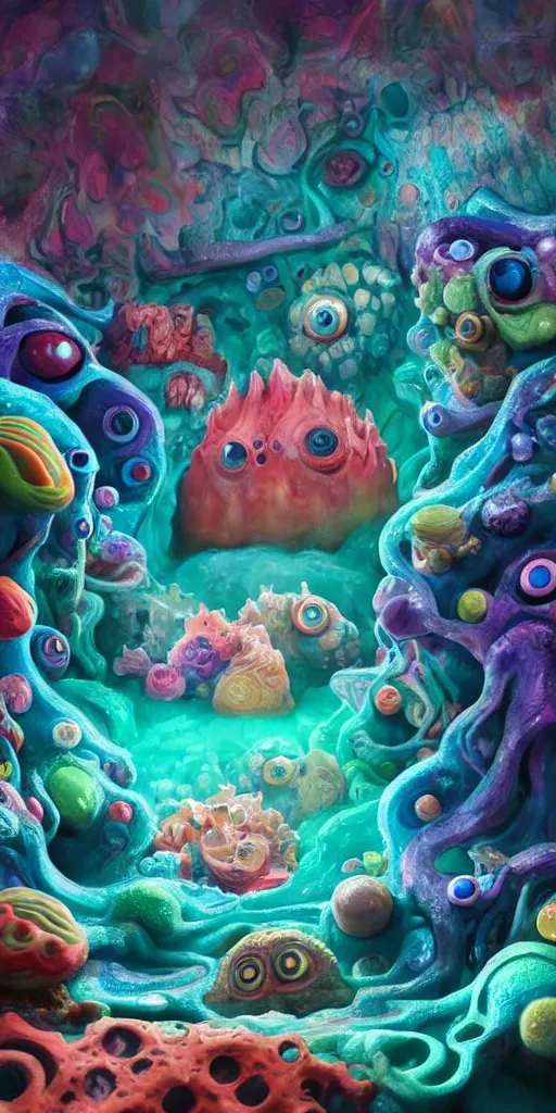 Image similar to of a colorful deep sea cave with strange cute friendly happy creatures with huge eyes, mouth, long tongue and round teeth appearing from sandy coral, in the style of gehry and gaudi, macro lens, shallow depth of field, ultra detailed, digital painting, trending artstation, concept art, illustration, cinematic lighting, photorealism, epic, octane render