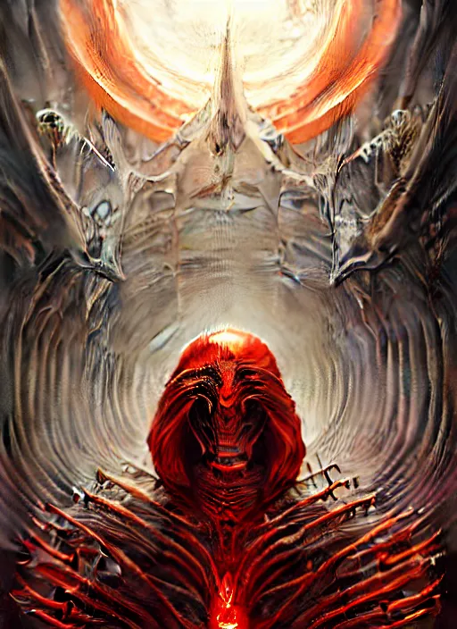 Prompt: masterpiece, his infernal majesty concept art, stylized, elden ring, elegant, imperial, epic, art by h. r. giger, darius zawadzki, josan gonzalez, alexey egorov, biomechanical, crimson darkness, hellscape