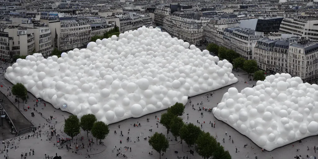 Prompt: huge white adult bouncy castle playground on the paris streetr parts by cj hendry, parts by shih chieh huang, parts by anish kapoor, warm soft light, bird view, telephoto lens, shallow depth of field realistic, 8 k, hyperrealism, subsurface scattering, raytracing