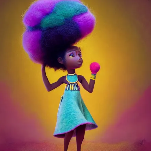 Prompt: a cute little african egyptian princess with a colorful afro, bright colors, synthwave, watercolor, volumetric wool felting, felt, macro photography, children illustration, global illumination, radiant light, detailed and intricate environment, by goro fujita