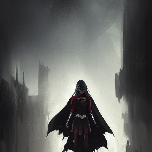 Image similar to gothic concept art by greg rutkowski, supergirl walking down a barren street towards a monolithic and menacing looking structure in the distance, enigmatic atmosphere, beautiful and cinematic lighting, artstation hq.