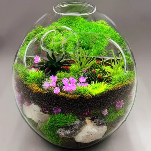 Prompt: a photorealistic complex magic macroscopic glass terrarium with detailed complex flower gardens inside.
