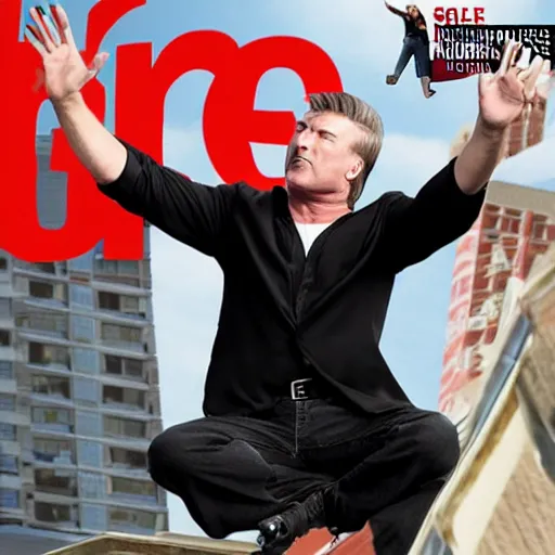 Image similar to alec baldwin sits on a back of giant eagle, flying high in a sky, photo