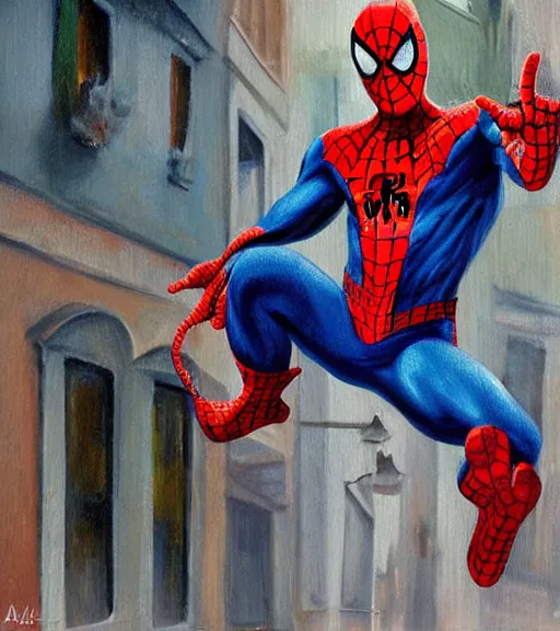 Prompt: high quality high detail painting by alberto mielgo, spiderman swinging in the street, hd