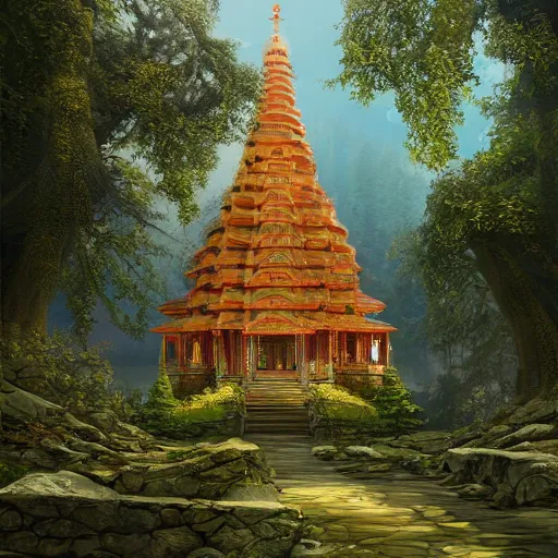 Prompt: temple in a beautiful forest on the seaside by peter klasen, artstation, hd, ultra detailed