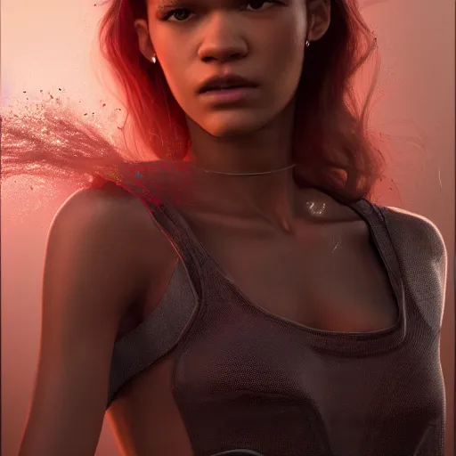 Prompt: hyperrealistic mixed media high resolution image of zendaya, sweating, stunning 3 d render inspired art by jamie salmon and istvan sandorfi and unreal engine and greg rutkowski, dim volumetric lighting, 8 k octane beautifully detailed render, post - processing, extremely hyper - detailed, intricate, highly detailed attributes, cinematic lighting