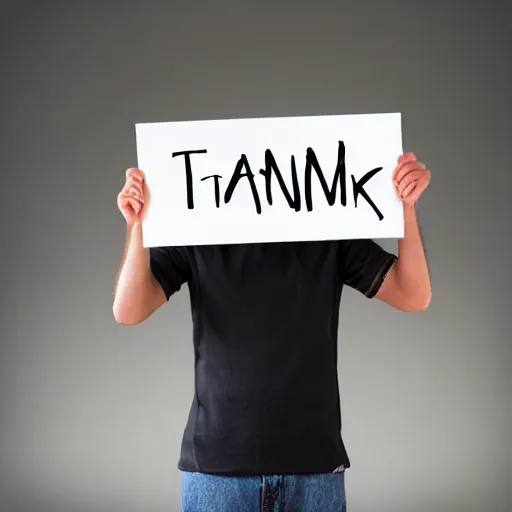 Image similar to man holding a sign that says “ thank you ”, madly grinning, studio light