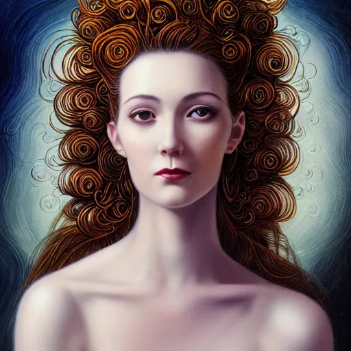 Prompt: portrait of a young attractive nerdy woman in flowing sensual dress, arrogant, long fine flowing hair, delicate, looking at camera, slightly awkward smile, realistic face, hands behind back, stylish, elegant, grimdark fantasy, flowers, extremely detailed painting inspired by Gerald Brom and Ernst Haeckel and Kaluta, studio lighting