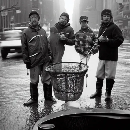 Image similar to closeup portrait of a group of fishermen trying to fish with fishing rods in between car traffic in rainy new york street, by David Lazar, natural light, detailed face, CANON Eos C300, ƒ1.8, 35mm, 8K, medium-format print