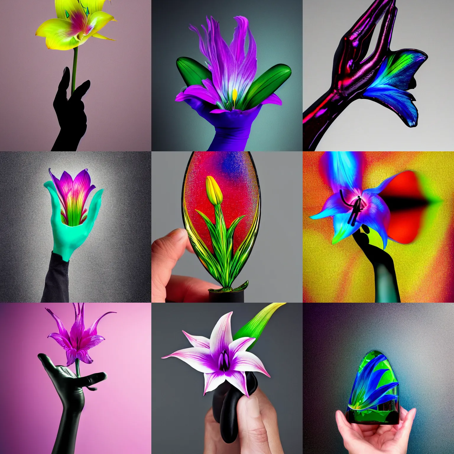 Prompt: hand in a black glove holds a detailed surreal glass prism lily by chris wood, stunning, elegant deep colors, black background, 4 k photo, featured on behance