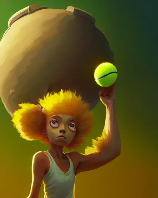 Image similar to highly detailed vfx portrait of a character of a tennis ball monster stephen bliss, unrealengine, greg rutkowski, loish, rhads, beeple, makoto shinkai and lois van baarle, ilya kuvshinov, rossdraws, tom bagshaw,