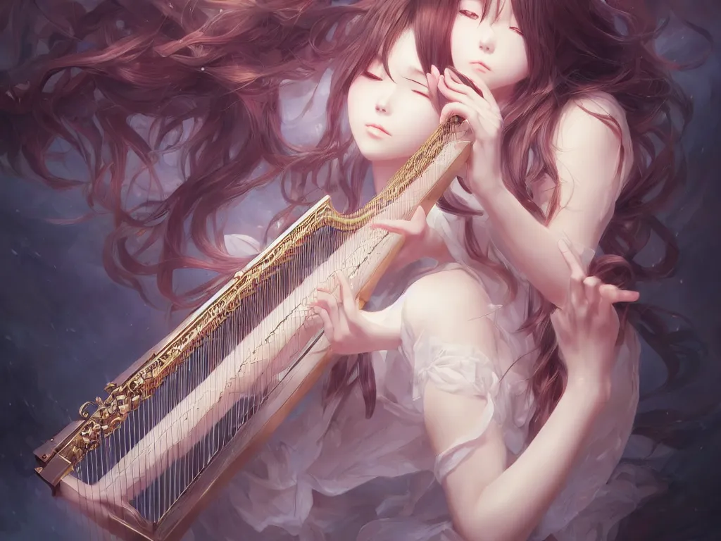 Prompt: anime girl playing highly detailed harp instrument by hyeyoung kim, stanley artgerm lau, wlop, rossdraws, james jean, andrei riabovitchev, marc simonetti, and sakimichan, full body portrait, intricate, face, elegant, beautiful, dramatic lighting, sharp focus, artstation