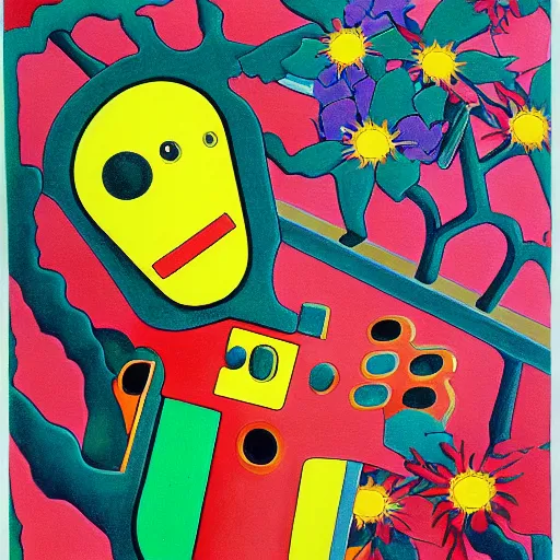 Prompt: a colorful painting by m. c. escher of a happy robot head with flowers growing out of the top