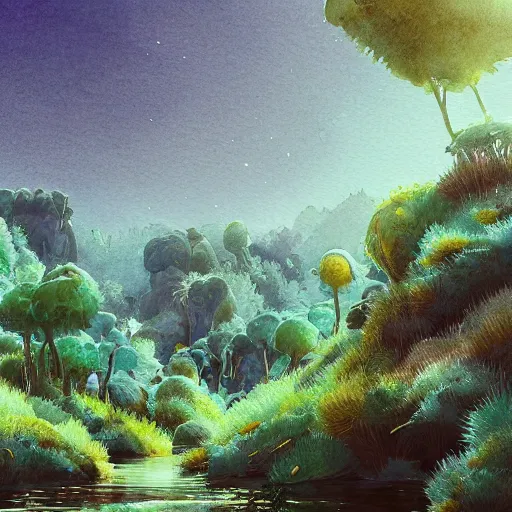 Prompt: beautiful watercolor of a lush natural scene on a colourful alien planet by vincent bons. ultra sharp high quality digital render. detailed. beautiful landscape. weird vegetation. water. soft colour scheme. grainy.