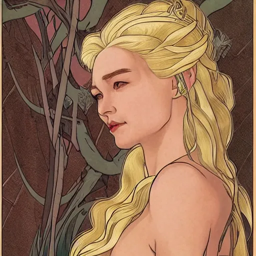 Image similar to ann heche as daenerys targaryen, mucha style,