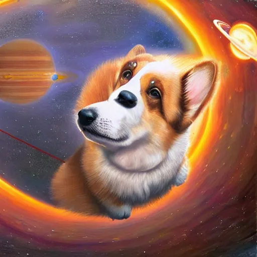 Image similar to giant corgi as big as the sun, standing in the solar system, oil on canvas, intricate, 8k highly professionally detailed, HDR, CGsociety