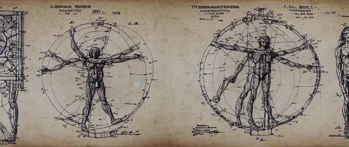 Image similar to a side-by-side leonardo davinci sketch of hypothethical creativity amplifcation devices worn by a vitruvian man and vitruvian woman, intricately detailed, in the style of a patent diagram