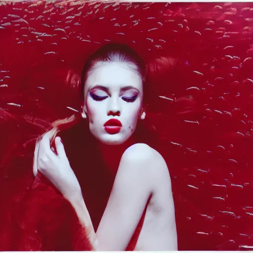 Image similar to beautiful portrait of sensual fashion model in red silk underwater, 35mm film