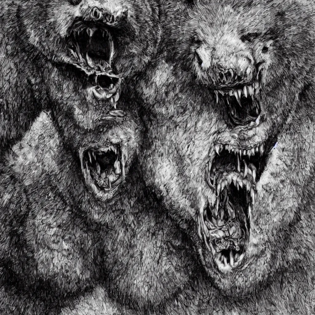 Image similar to horrifying bear creature, fangs, in the style of keith thompson