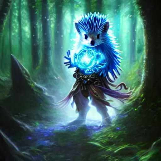 Image similar to Hedgehog fantayy druid, Tzeentch, portrait, nature, fairy, forest background, magic the gathering artwork, D&D, fantasy, cinematic lighting, centered, symmetrical, highly detailed, digital painting, artstation, concept art, smooth, sharp focus, illustration, volumetric lighting, epic Composition, 8k, art by Akihiko Yoshida and Greg Rutkowski and Craig Mullins, oil painting, cgsociety