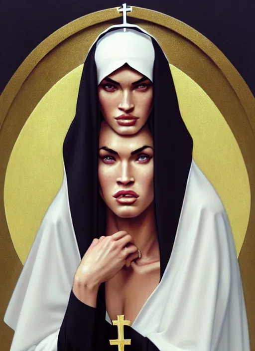 Image similar to portrait of megan fox as a sultry nun, catholic, church, bible, christian, intrigante, headshot, highly detailed, digital painting, artstation, concept art, sharp focus, cinematic lighting, illustration, art by artgerm and greg rutkowski, alphonse mucha, cgsociety