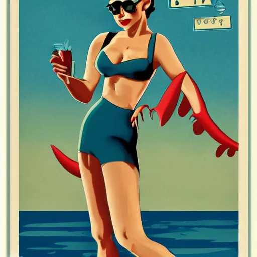 Image similar to Human-dinosaur hybrid at the beach, pin up style poster