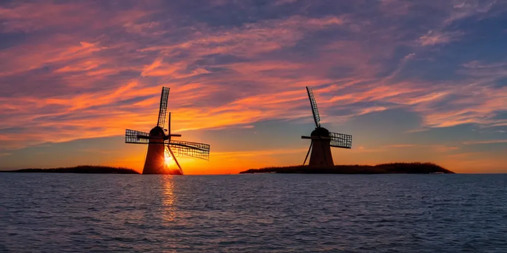 Prompt: Beautiful award winning photograph of a pretty sunset with an island floating in the sky, with a windmill on top, 4k