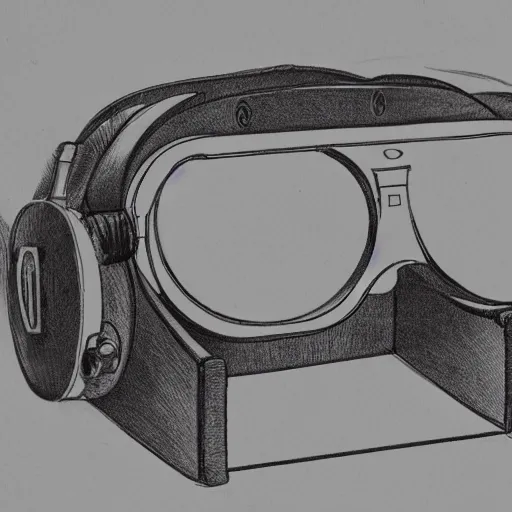 Prompt: Vintage, detailed, sketch of Oculus Rift, with full descriptions, on parchment