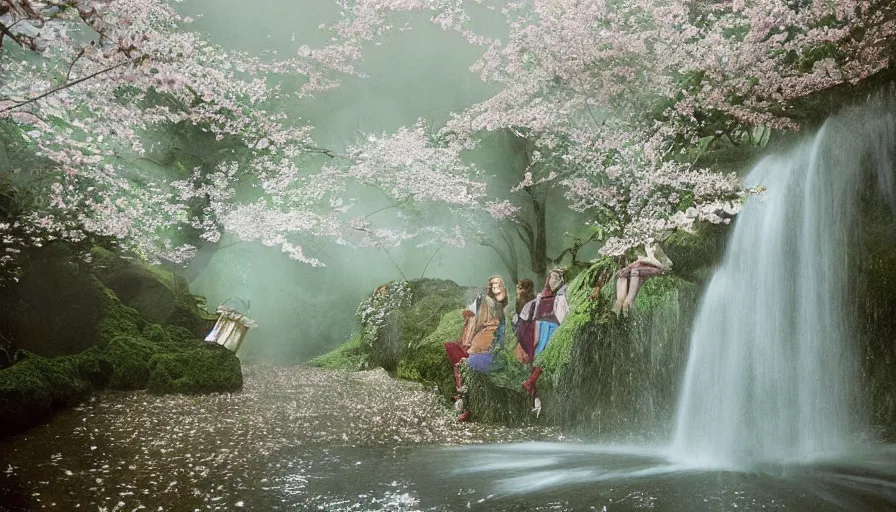 Prompt: a Petra Collins photo, 35mm film still of a very surreal magical European castle with a San Francisco style cafe in a lush waterfall garden, falling cherry blossoms pedals, in the style of Gucci and Wes Anderson glowing lights and floating lanterns, foggy atmosphere, rainy, moody, muted colors, magic details, very detailed, 8k, cinematic look,