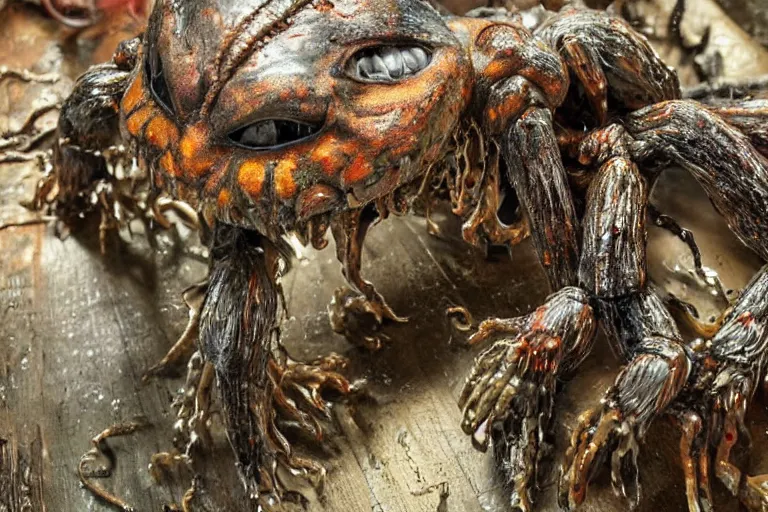 Image similar to photo taken of an epic intricate, ultra detailed, super realistic gritty, hero prop, exquisitely painted animatronic movie prop of a wet slimy grotesque nightmarish hellish mutant arachnoid creature displayed in the workshop, created by weta workshop, full body shot, photorealistic, sharp focus