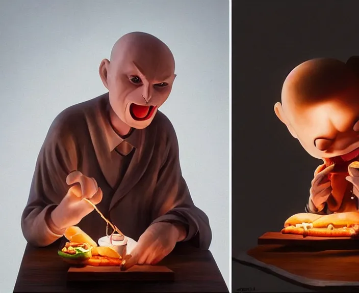 Image similar to a wooden sculpture of billy corgan eating a hotdog, digital art by studio ghibli and greg rutkowski, beautiful, cute, hyperrealism artstyle, amazing lighting