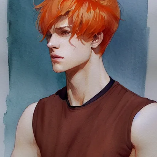 Image similar to young man, orange hair, short hair, elegant, intricate, slightly muscular, sharp focus, highly detailed, artstation, watercolor, by artgerm and greg rutkowski and alphonse mucha