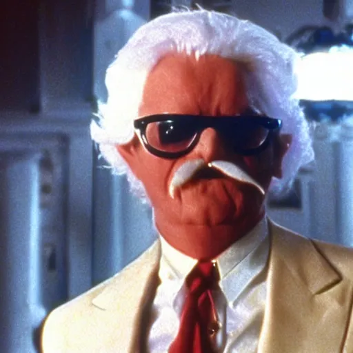 Image similar to A still of Colonel Sanders as an evil supervillain in a 1980s movie