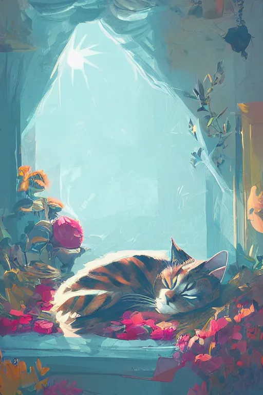 Image similar to a digital art of a cat sleeping in the room with flowers around in the afternoon, the sun shines in, animal, light effect, highly detailed, by anton fadeev