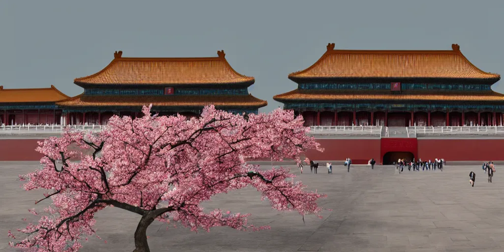 Image similar to spring in the forbidden city, peach blossom, prometheus film style, realistic, cinematic, trending on artstation, 8 k,