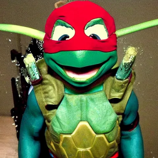 Prompt: mutant ninja turtle brushes their teeth