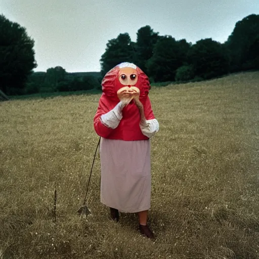 Image similar to middle-agedwoman wearing an inflatable nose, with extra eyeballs, in the countryside 1979 arthouse film, archival footage, technicolor film expired film