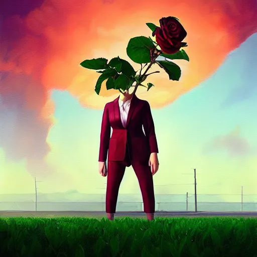 Image similar to giant rose flower head, frontal, girl in a suit, surreal photography, sunrise, dramatic light, impressionist painting, digital painting, artstation, simon stalenhag