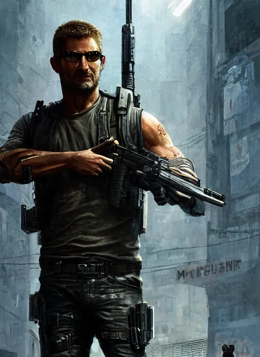 Image similar to sam fisher. cyberpunk mercenary in a military vest ( blade runner 2 0 4 9, cyberpunk 2 0 7 7 ). orientalist portrait by john william waterhouse and james gurney and theodore ralli and nasreddine dinet, oil on canvas. cinematic, hyper realism, realistic proportions, dramatic lighting, high detail 4 k