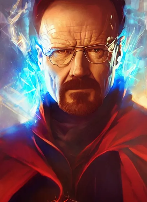 Image similar to walter white as doctor strange, long shadow, light colors, blue magic, ice, blue ice, by greg rutkowski, artstation