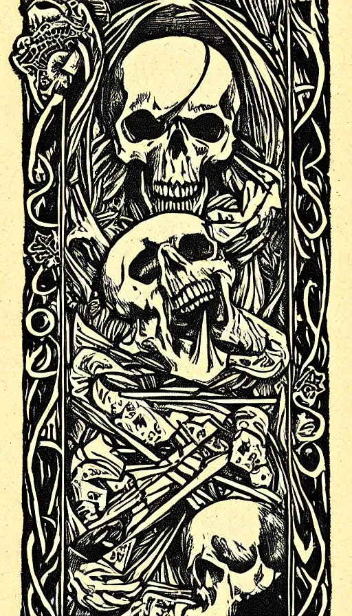 Prompt: an occult tarot card, death, skulls, clever design, ornate border, art deco, art nouveau, two color woodcut, minimal design, playing card