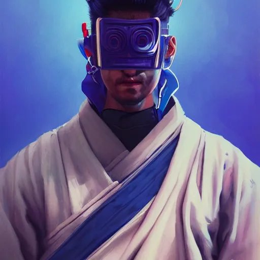 Prompt: cyberpunk samurai portrait painting a blue colors, medium shot, asymmetrical, profile picture, organic painting, sunny day, matte painting, bold shapes, hard edges, street art, trending on artstation, by huang guangjian and gil elvgren and sachin teng