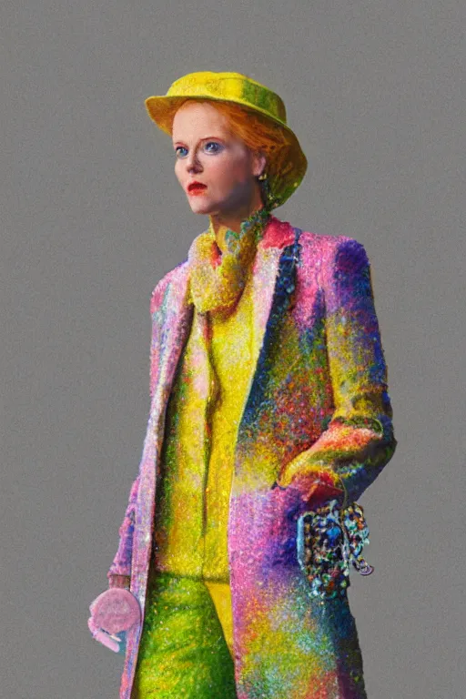 Prompt: a scene with a character wearing a super colorful muted color diy! suit, and a transparent coat with a lot of pockets and details, super intricate jewelry, vivienne westwood!, detailed photoreal render octane render, pointillism, oil on canvas