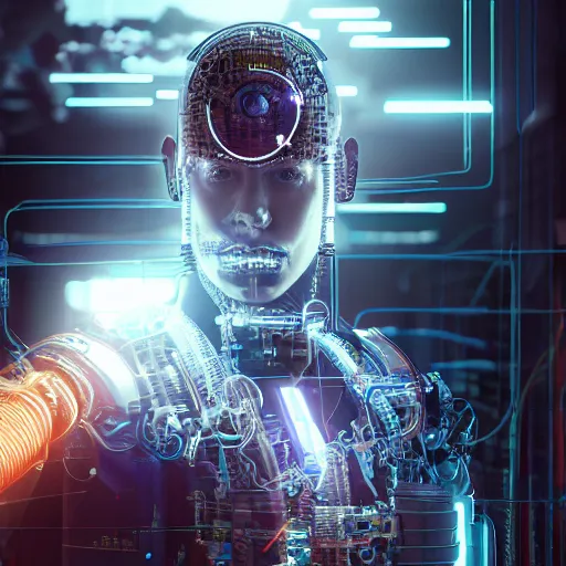 Image similar to a beautiful portrait of a middle - aged bionic male cyborg, cyberpunk, intricate wiring, electronic components, volumetric light, photography, color, intricate, extremely detailed, photorealistic, stunning, unreal engine 5